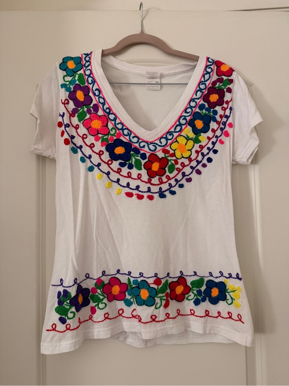 White Embroidered Floral V-Neck Women's Top